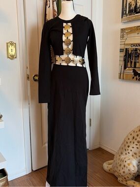 STAUD Black Long-Sleeve Maxi Dress with Gold Disk Accents
